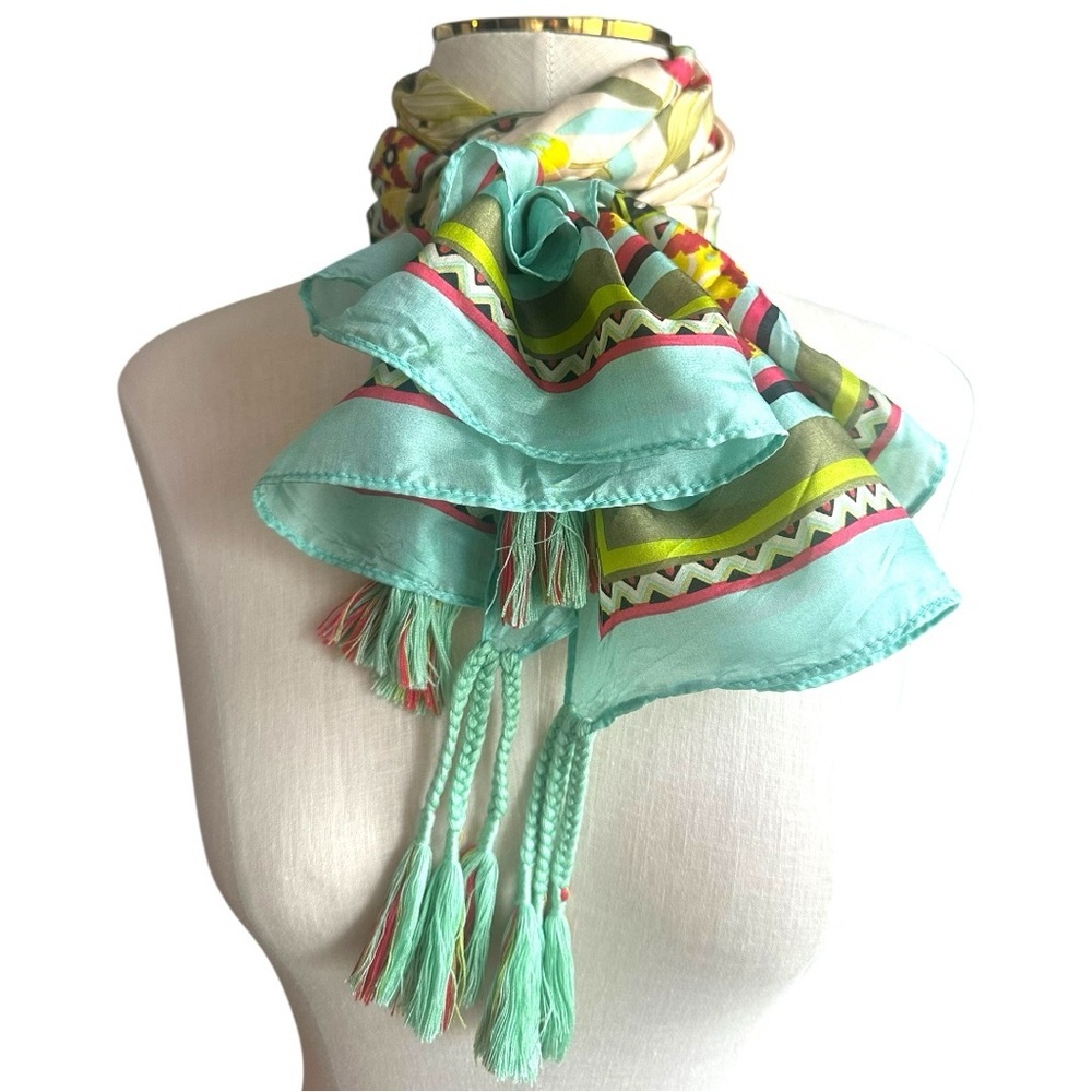 Johnny Was Aqua Multicolor Patterned Silk Scarf with Tassels - Picture 10 of 11